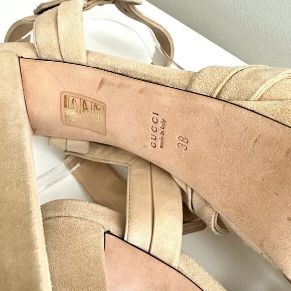 GUCCI Nude Suede Ankle Strap Chunky Heel Platform Sandals Size 38 (US 8) - Picture 13 of 14